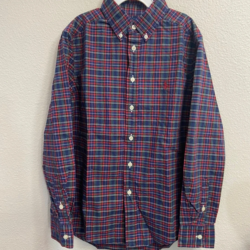 Ralph Lauren Boys Size M (10-12) Plaid Button Down Shirt Red Blue Preppy Classic